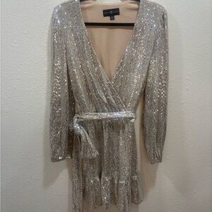 Betsy & Adam Silver Sequin Wrap-Style Long Sleeve Dress Size 14